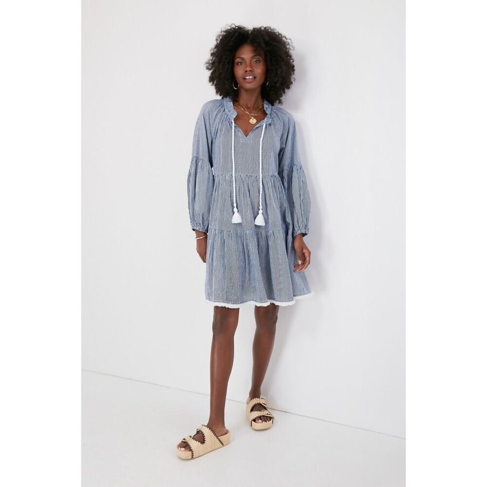 Tuckernuck Beach Nautical Tie Neck Tiered Coverup Dress Sz XS Navy White Stripe